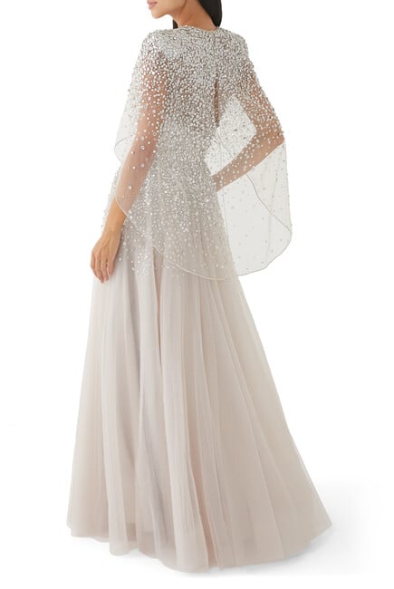 Osha Sequin-Embellished Cape Gown